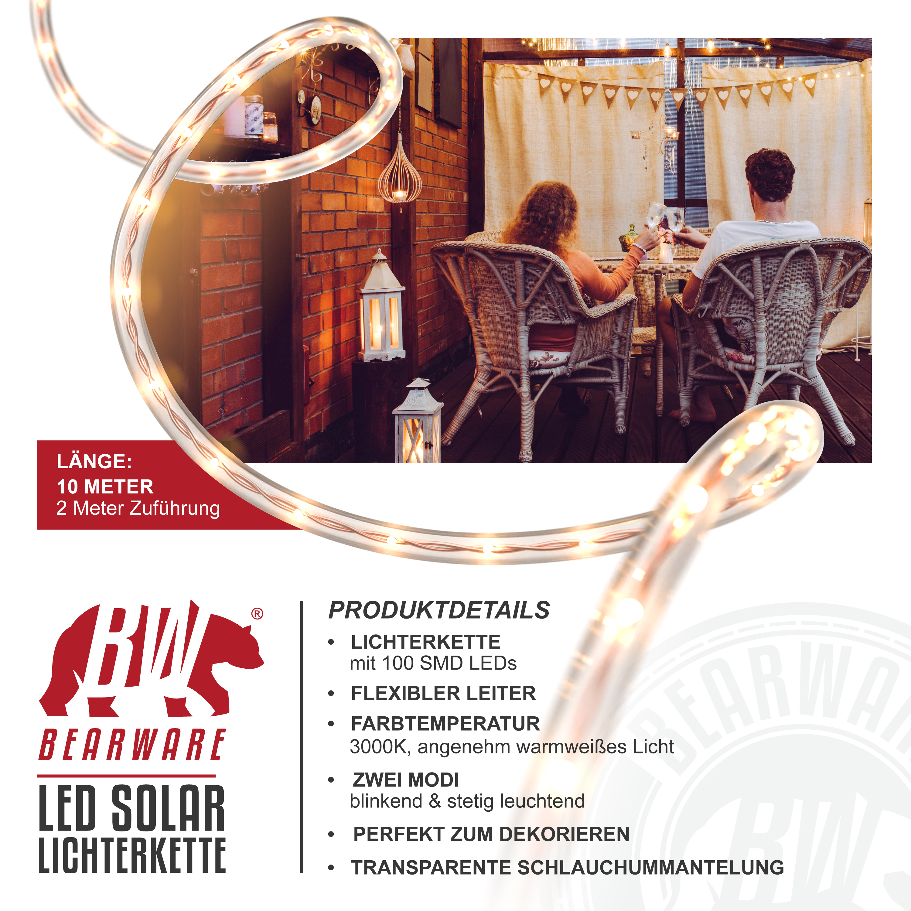 Solar-Lichterkette von Bearware mit warmweißem Licht, Produktinfo und ein Bild von einem Paar auf der Terrasse.