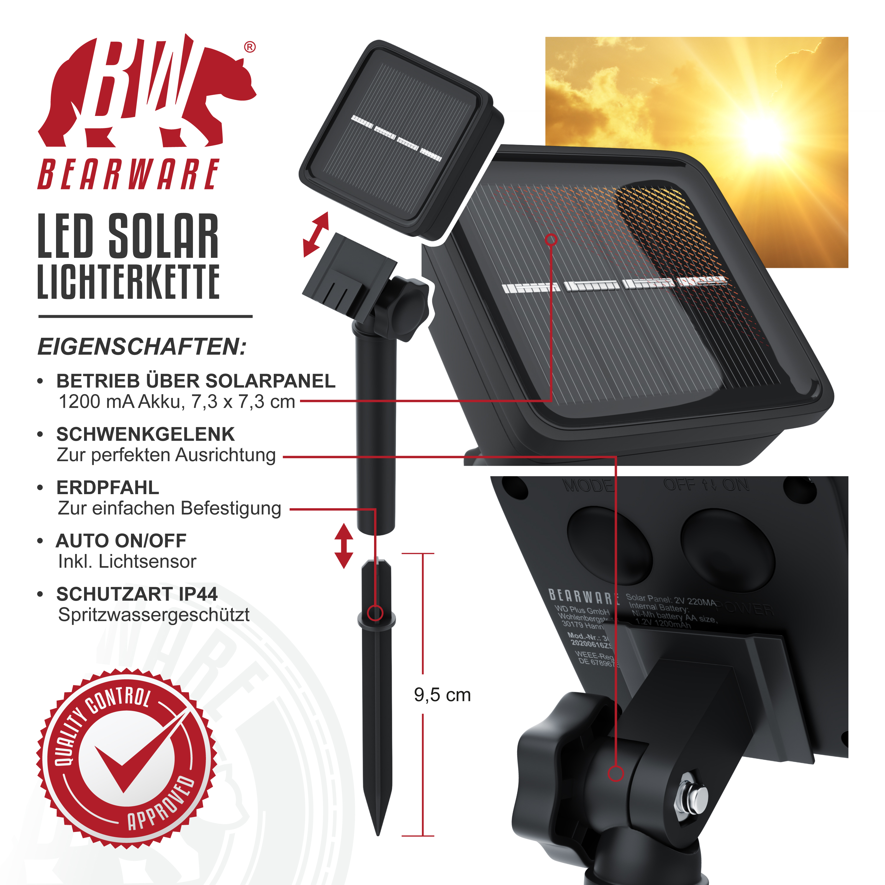 Technische Details des Bearware LED-Solar-Lichterketten-Solarpanels mit Erdspieß und Schwenkgelenk.