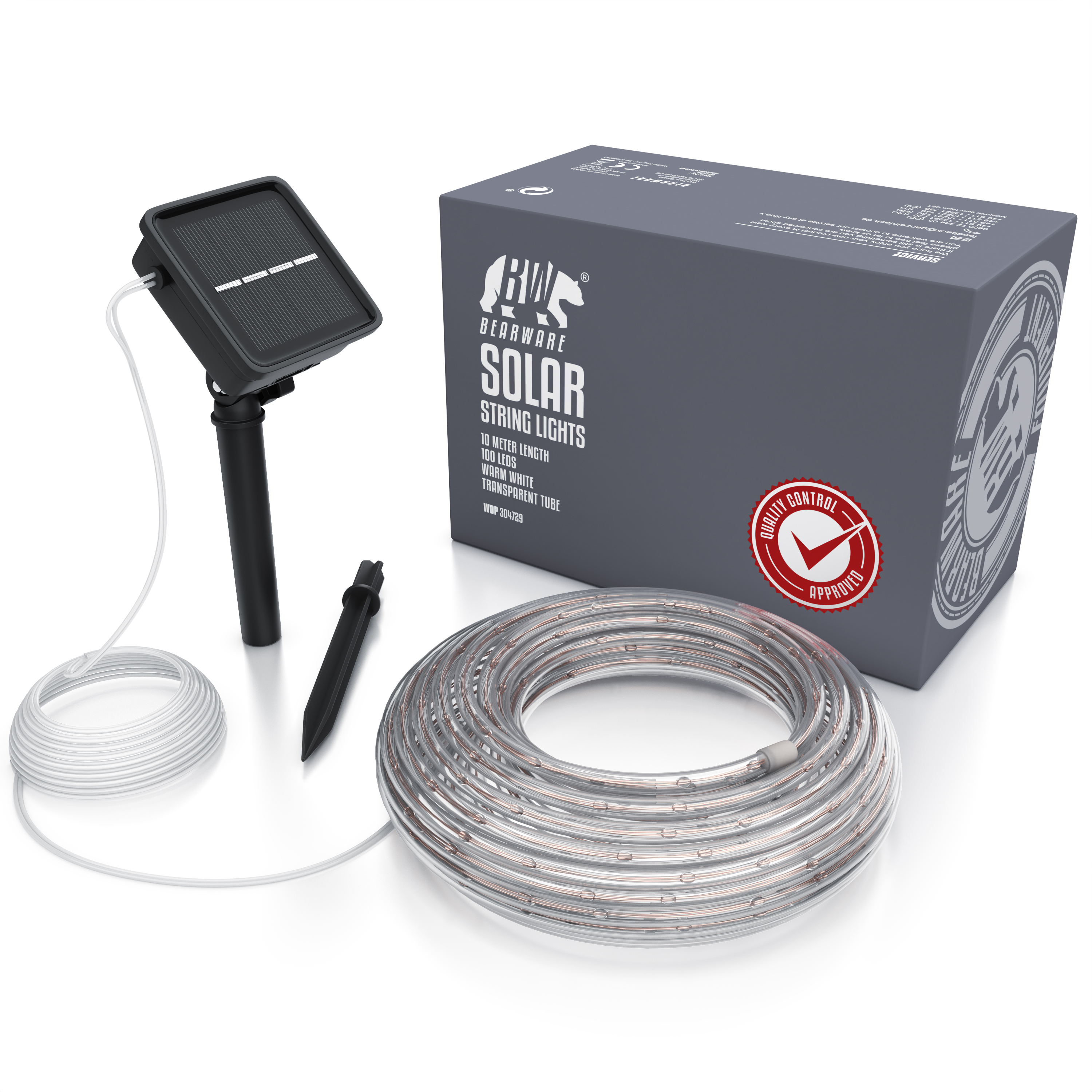 Solar-Lichterketten-Set mit Box, Solarpanel auf Erdspieß und aufgerollter transparenter Lichterkette.
