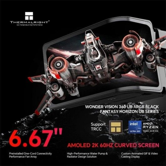 Pantalla AMOLED 2K de 6.67 pulgadas de Thermalright con gráfico de nave y texto.
