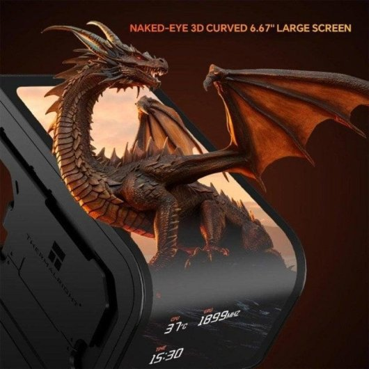 Un dragón 3D emerge de una pantalla curva que muestra temperatura y hora.