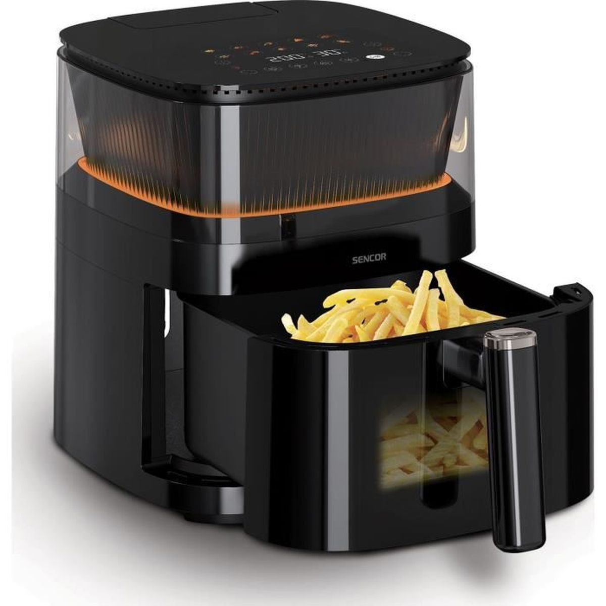 Eine schwarze Sencor Heißluftfritteuse mit offenem Korb voller goldener Pommes Frites, orange leuchtenden Lichtern und Display.