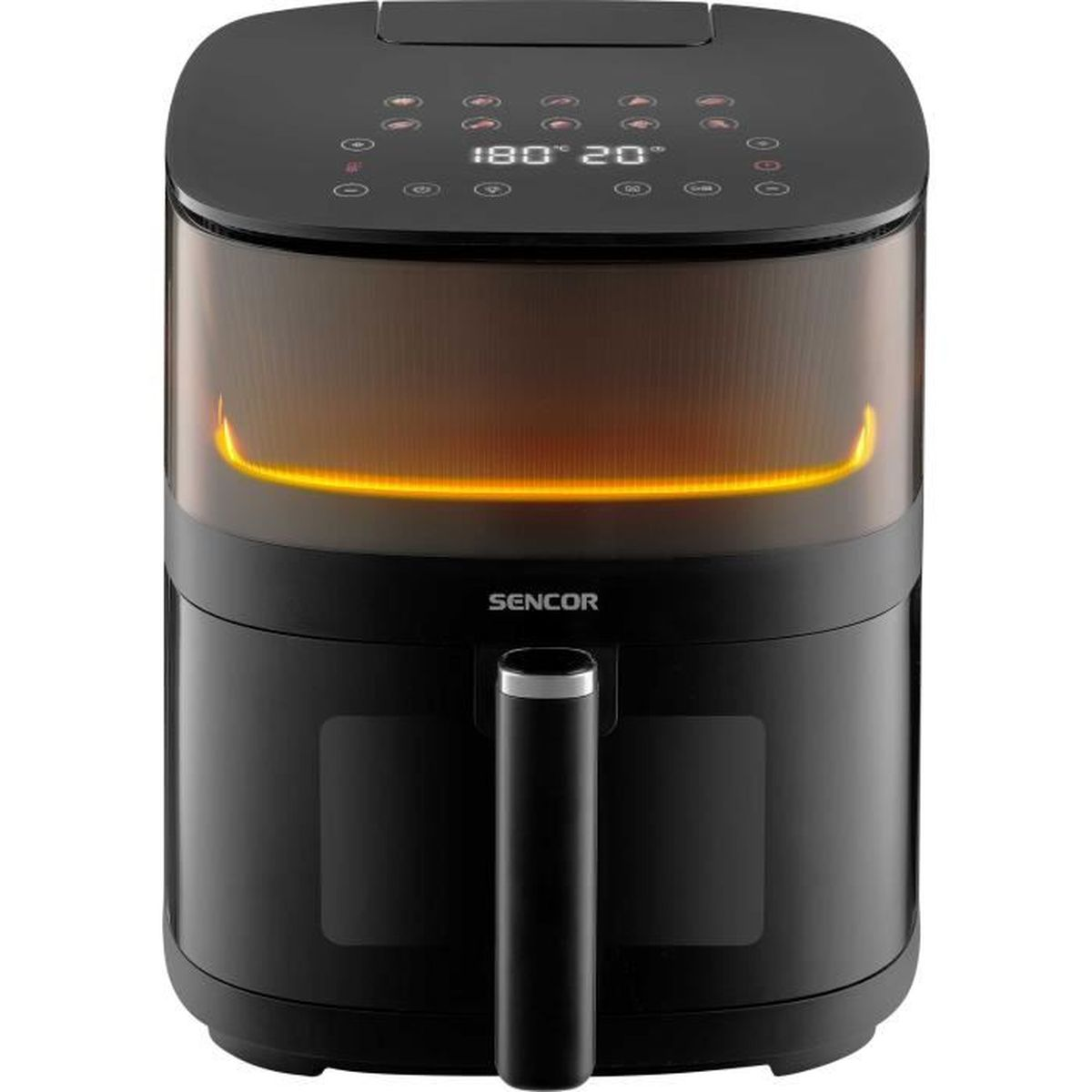 Schwarze Heißluftfritteuse mit digitalem Touch-Display, beleuchtetem Sichtfenster und Sencor-Logo.