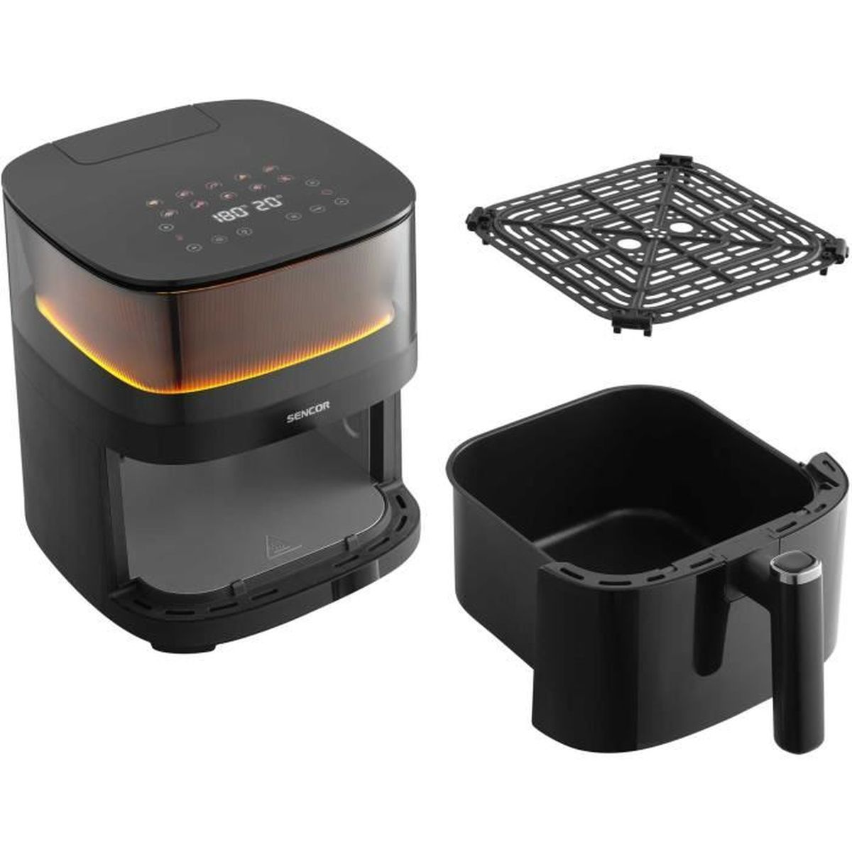 Schwarze Heißluftfritteuse mit digitalem Display, herausnehmbarem Korb und Grillrost auf weißem Hintergrund.