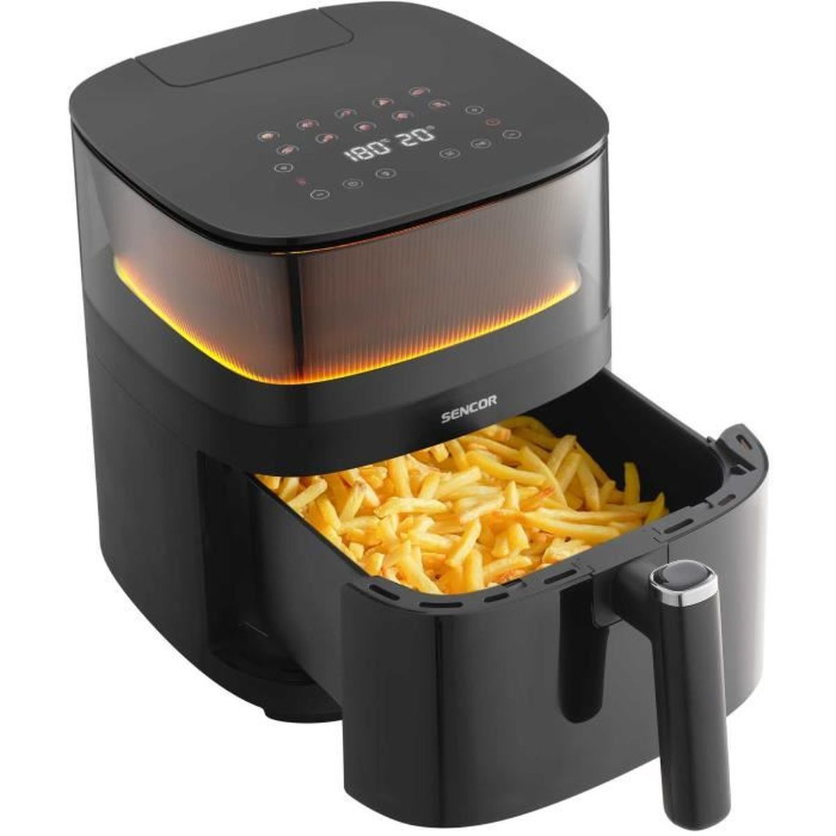 Schwarze Heißluftfritteuse mit digitalem Display, leuchtendem Ring und ausgezogener Schublade voll Pommes Frites.