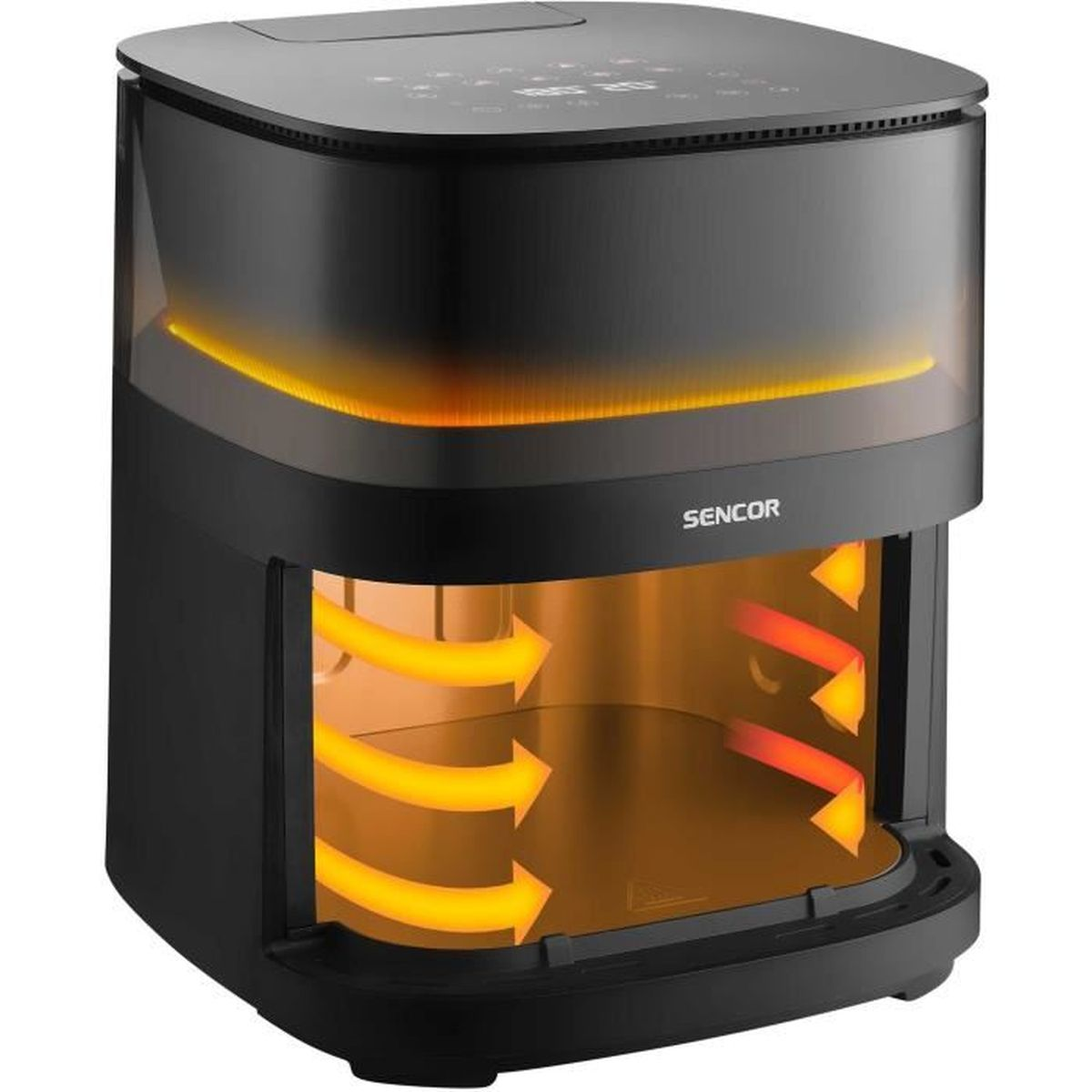Schwarze Sencor Heißluftfritteuse mit orangem Licht und Luftstromgrafik im Inneren.