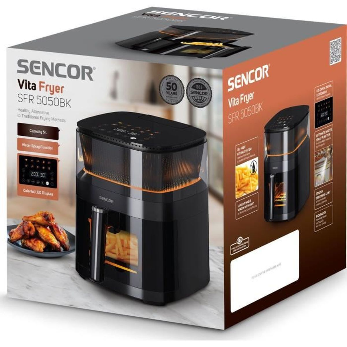 Verpackung der Sencor Vita Fryer Heißluftfritteuse mit Abbildung des Geräts und frittierten Lebensmitteln.