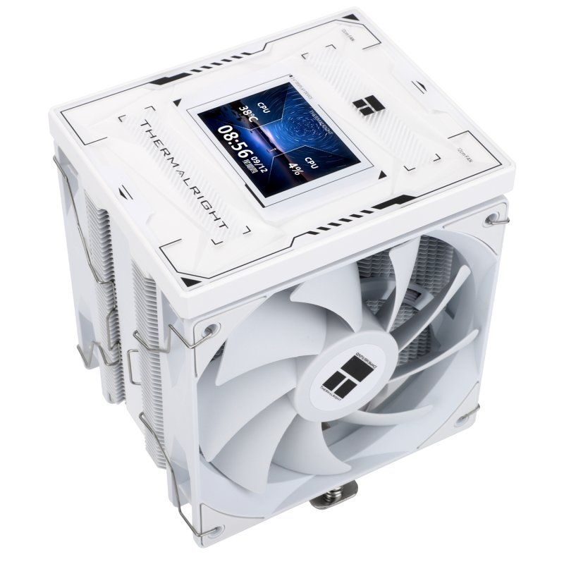Un disipador de CPU Thermalright blanco con una pantalla digital arriba que muestra datos de la CPU, hora y fecha, y un ventilador.