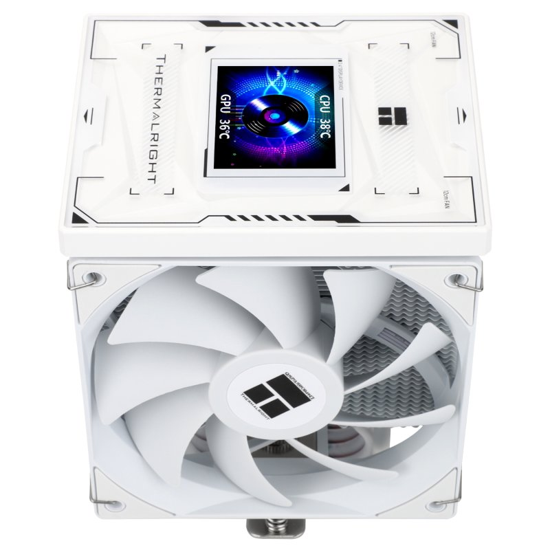 Disipador de CPU Thermalright blanco con pantalla superior y gran ventilador frontal.