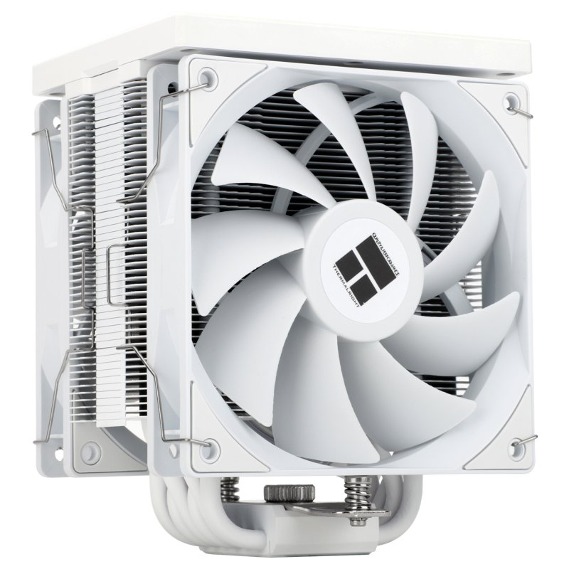 Un disipador de CPU blanco con dos torres de refrigeración y un ventilador blanco sobre fondo blanco.