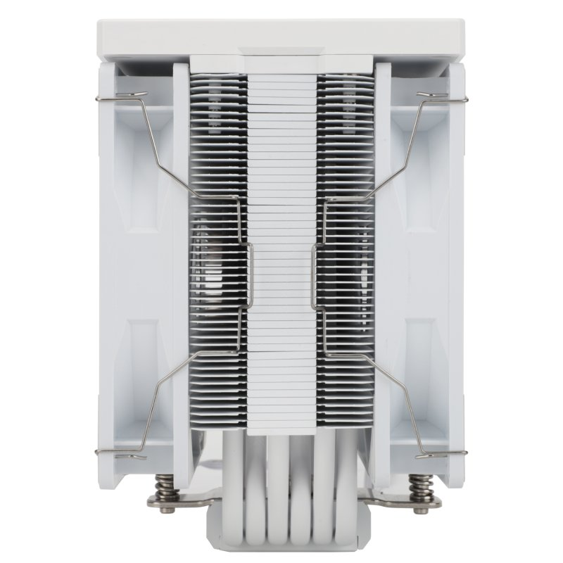 Disipador de CPU blanco de doble ventilador con tubos de calor visibles.