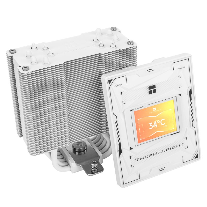 Disipador de CPU blanco con aletas y pantalla que muestra 34 °C.