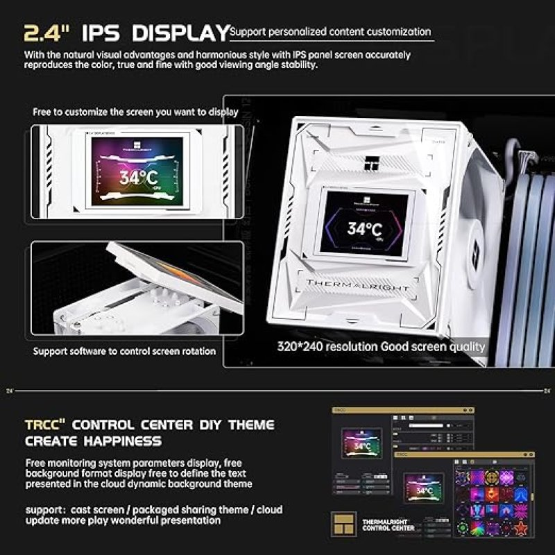 Anuncio de pantalla IPS de 2.4 pulgadas en refrigerador de PC blanco con software.