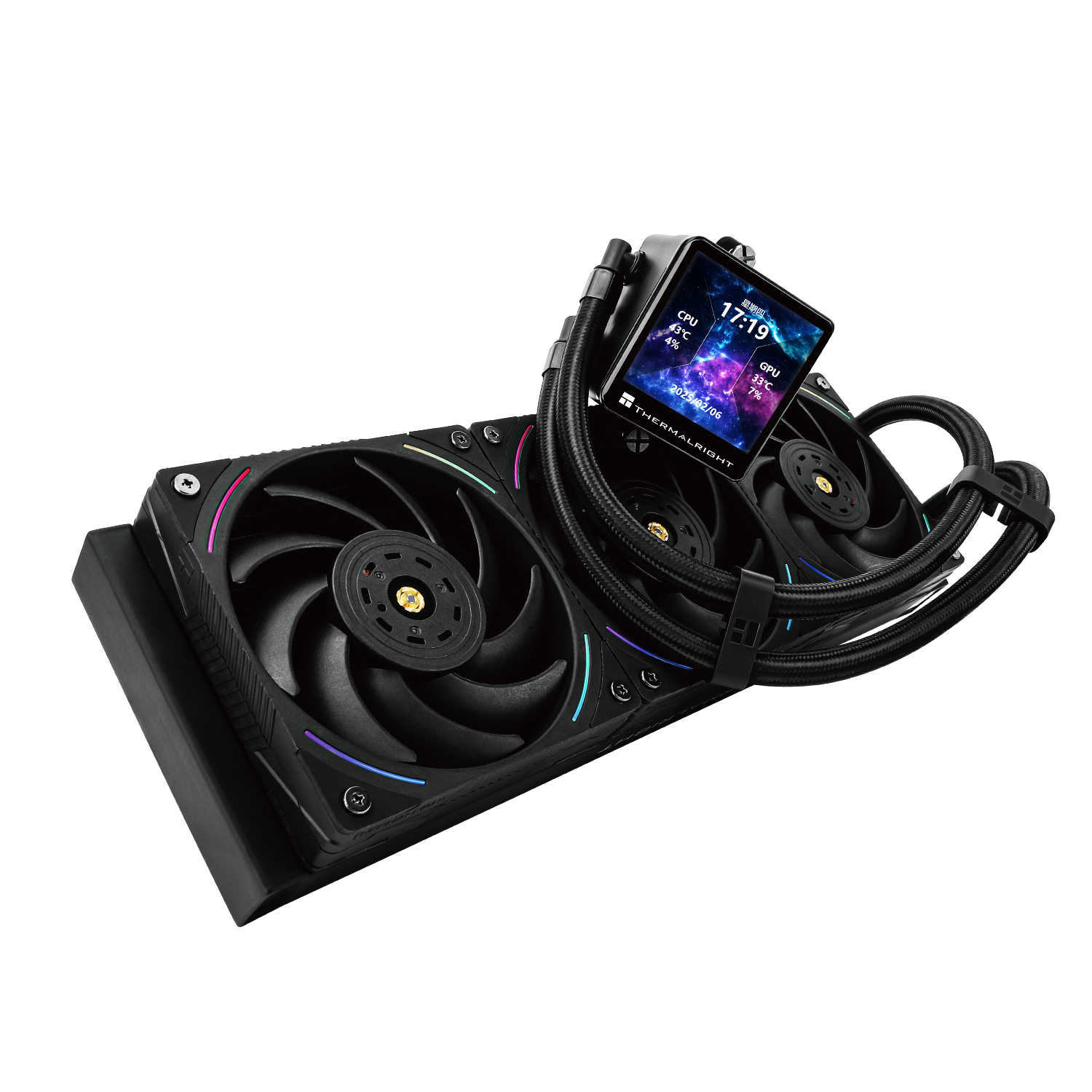 Refrigeración líquida para CPU todo en uno negra con tres ventiladores y pantalla LCD.
