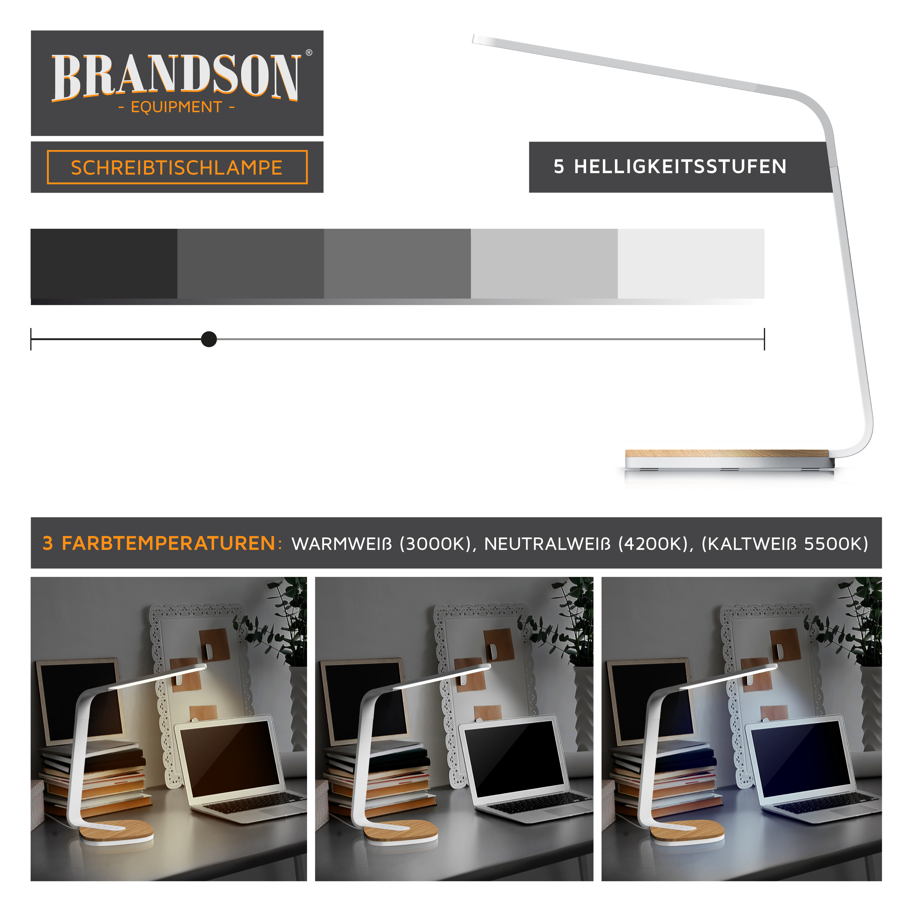 Brandson LED-Schreibtischlampe mit 5 Helligkeitsstufen und 3 Farbtemperaturen auf einem Holztisch.