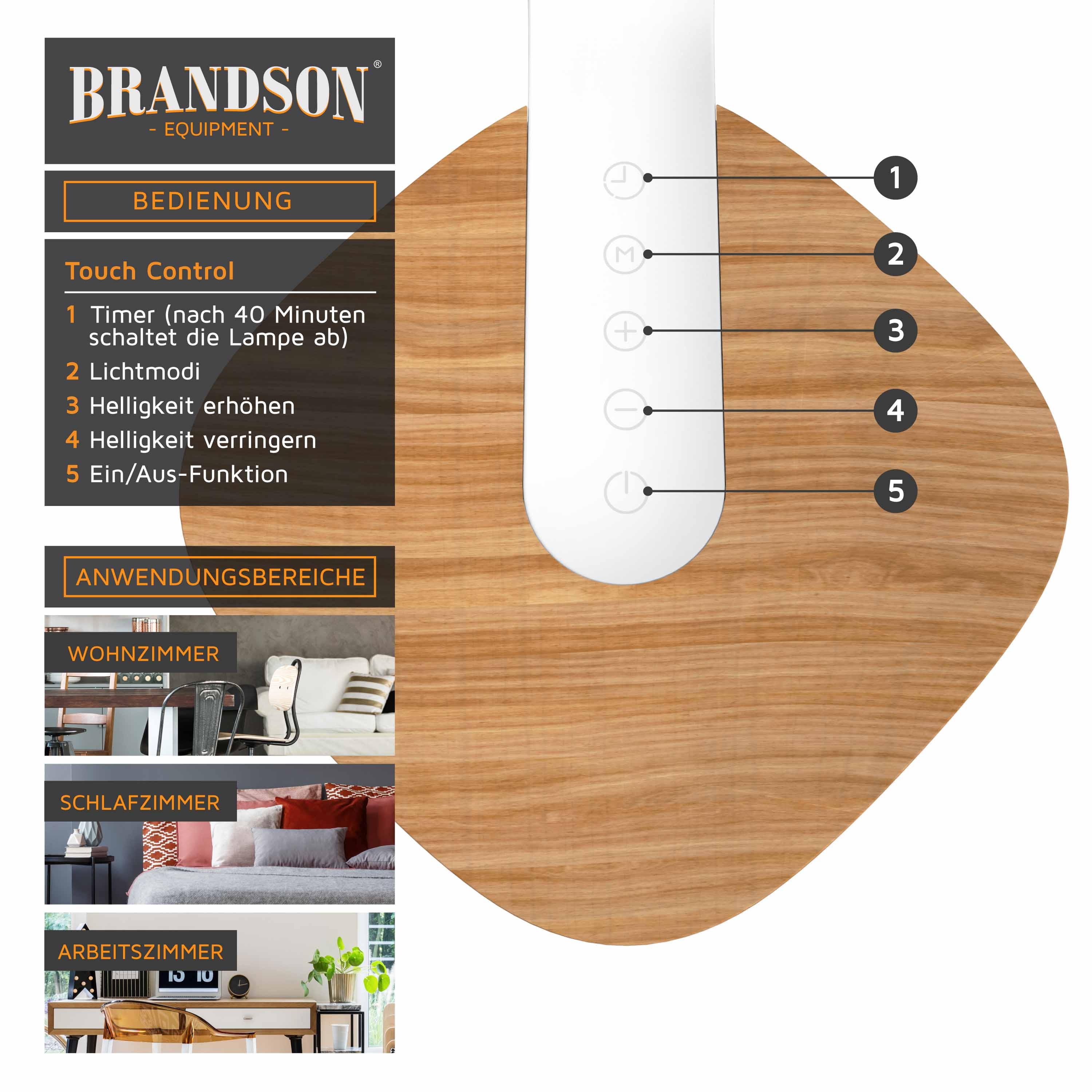 Diagramm zeigt die Touch-Steuerung einer Brandson Lampe mit Timer, Modi, Helligkeit und Ein/Aus-Funktion.
