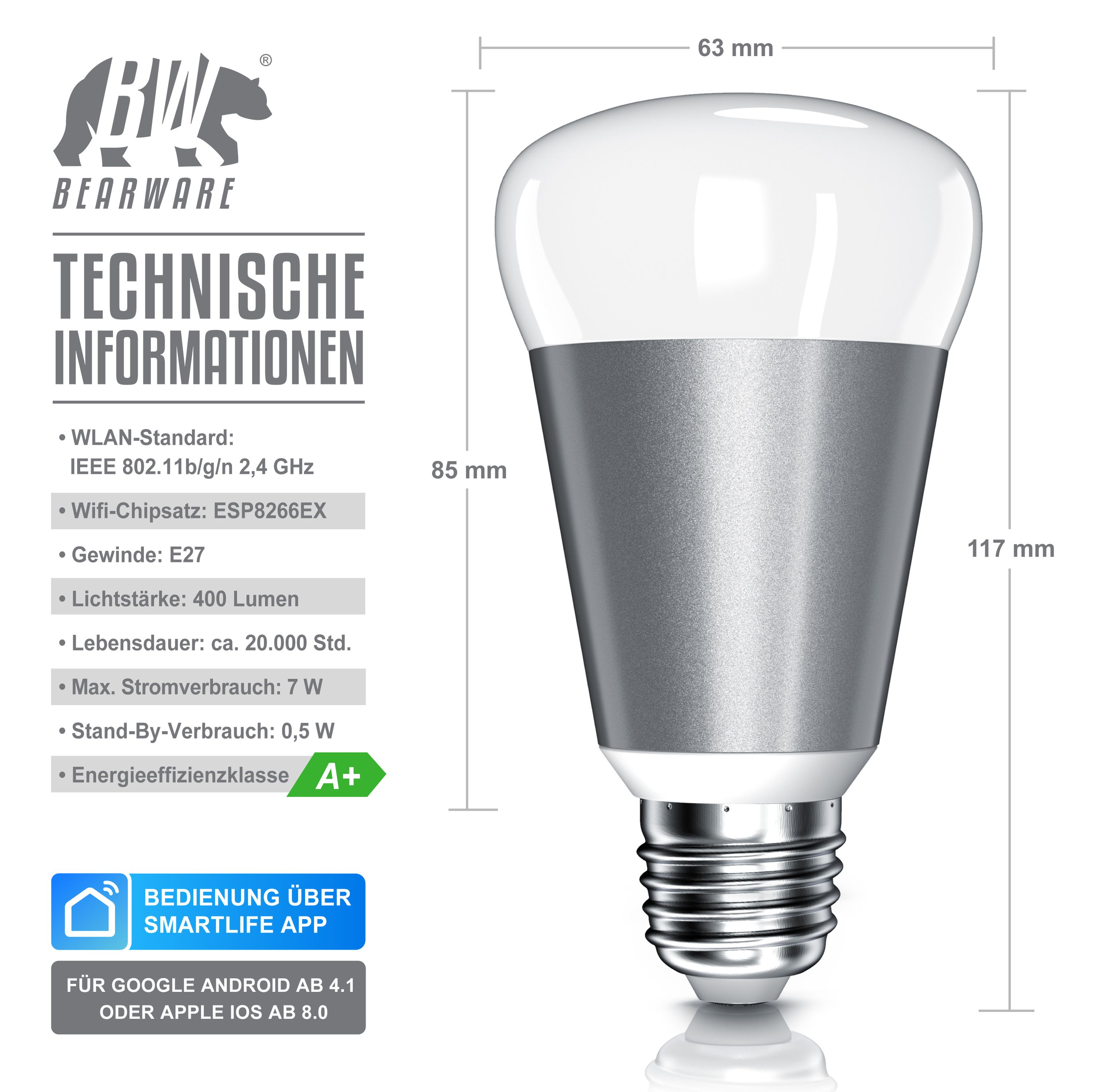 Technische Informationen und Abmessungen einer smarten Bearware LED-Glühbirne.