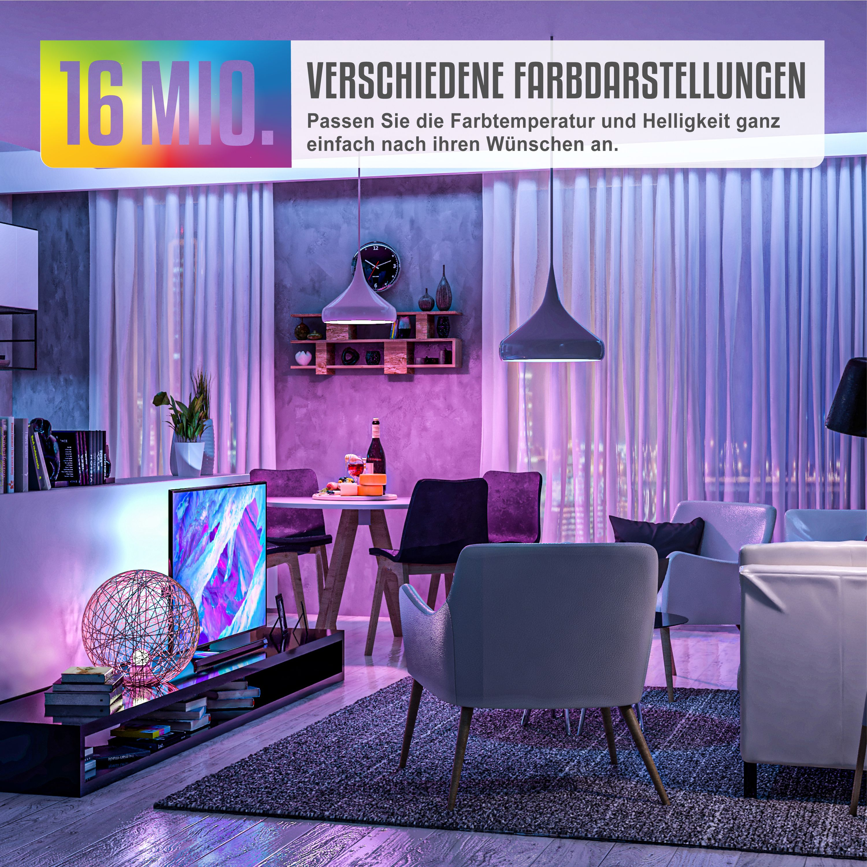 Wohnzimmer mit moderner Beleuchtung, TV, Esstisch und Textoverlay zu 16 Millionen Farben.