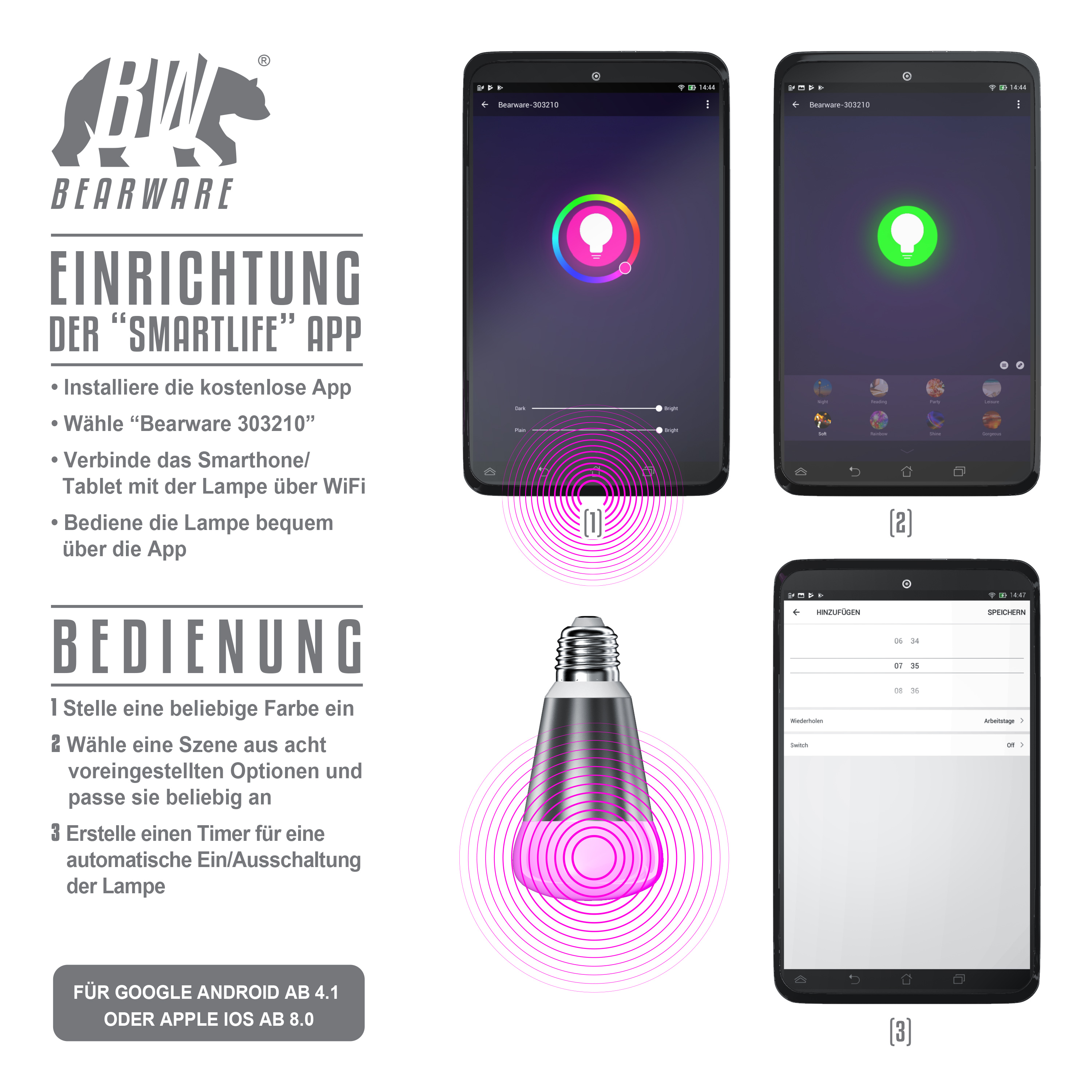 Anleitung zur Smartlife App Einrichtung mit Bearware LED-Lampe und App-Screenshots.