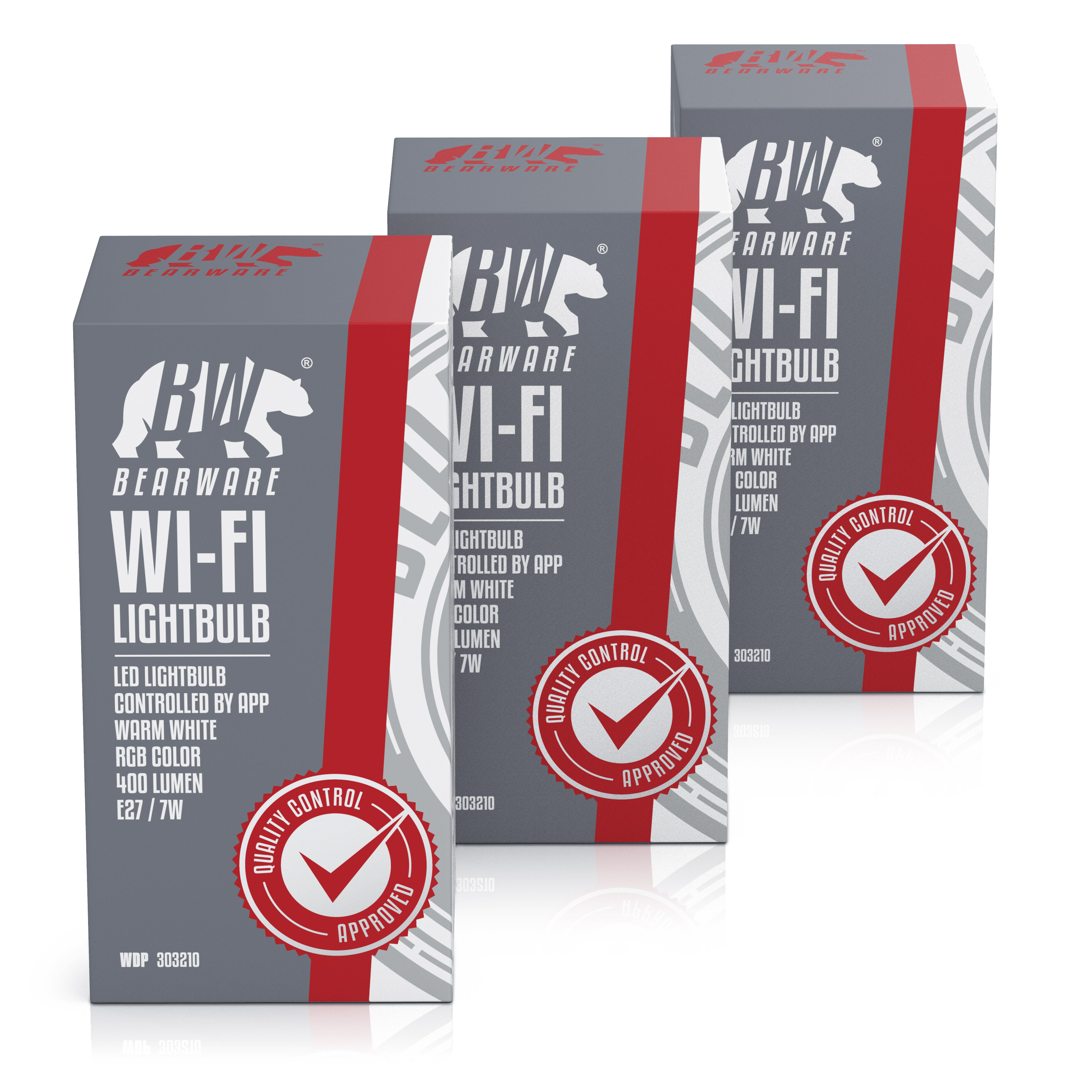 Drei graue Bearware WLAN-Glühbirnen-Schachteln mit rotem Streifen und Qualitätssiegel.