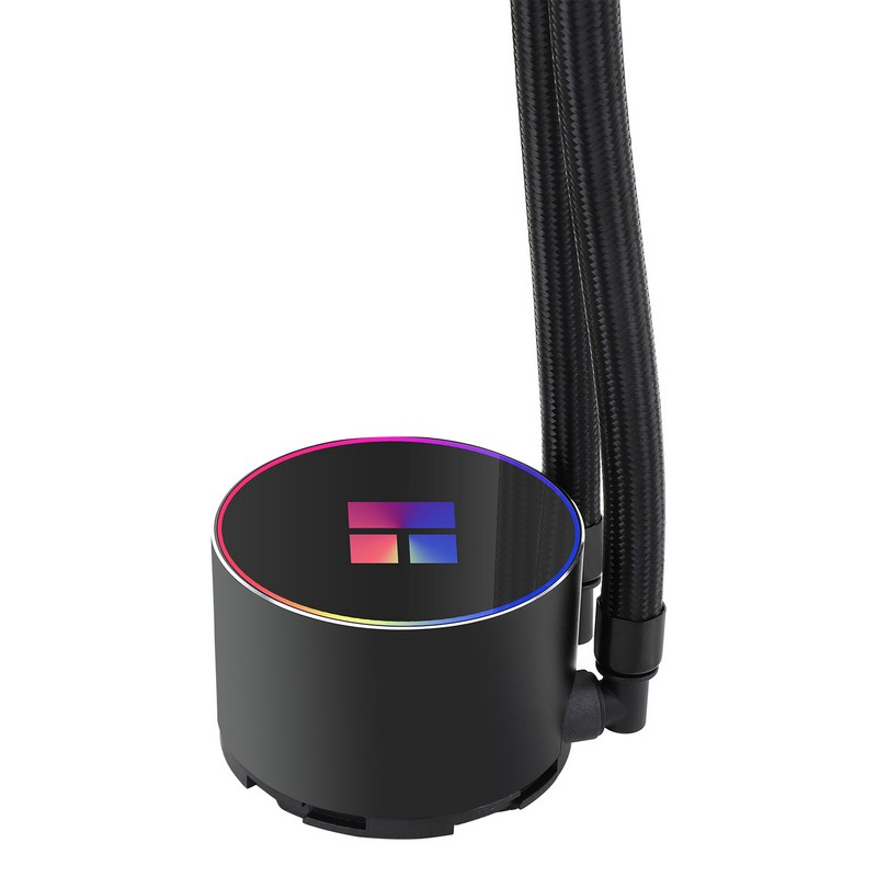 Un enfriador de agua para CPU redondo y negro con iluminación RGB y dos tubos conectados.