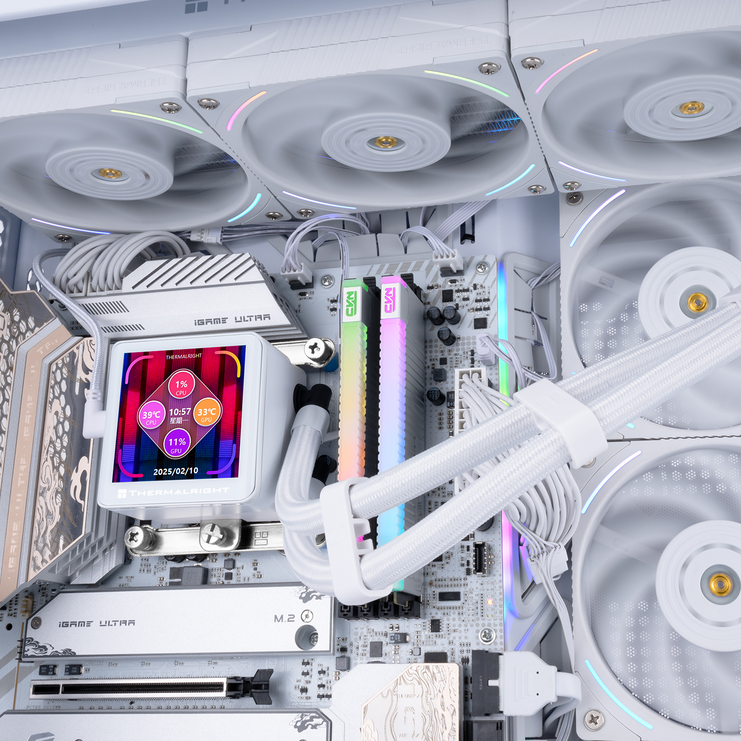 Un interior de PC blanco con placa base blanca, RAM RGB, bloque de refrigeración con pantalla y varios ventiladores RGB.