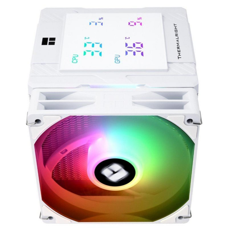 Disipador de CPU blanco con ventilador RGB y pantalla digital para temperaturas.