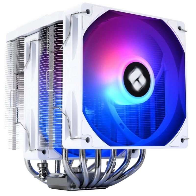 Un disipador de CPU blanco con tubos de calor plateados y un ventilador RGB colorido en aletas.