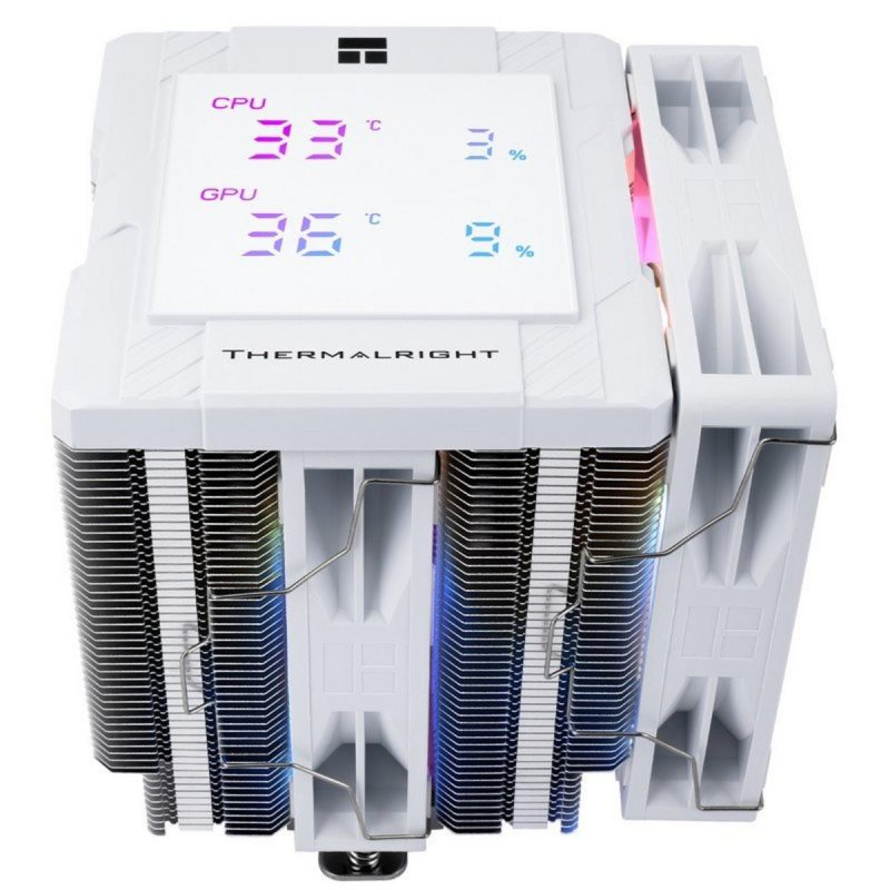 Un disipador de CPU Thermalright blanco con pantalla que muestra temperaturas y uso de CPU y GPU.