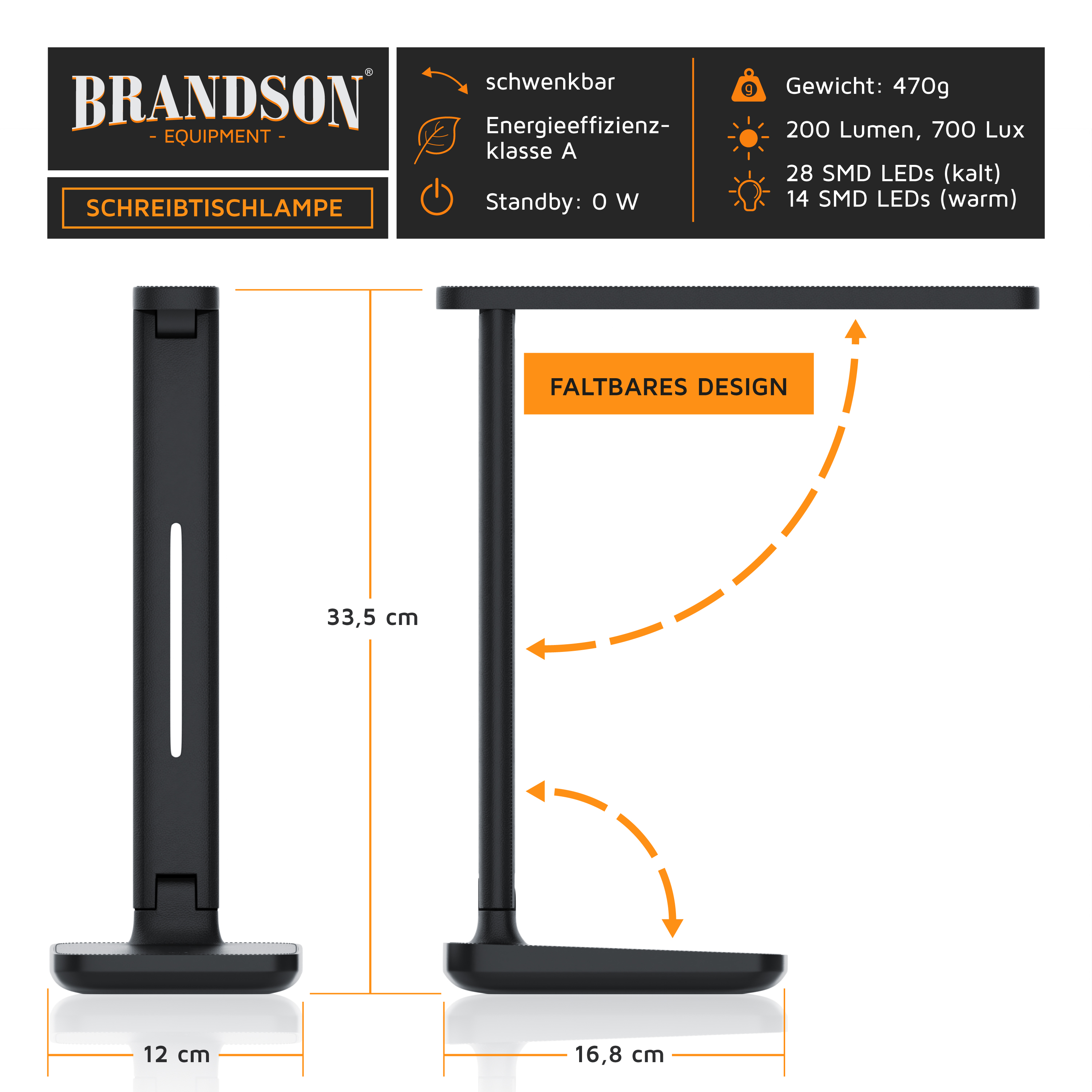 Schwarze faltbare Schreibtischlampe mit Maßen, Funktionen und Brandson-Logo.