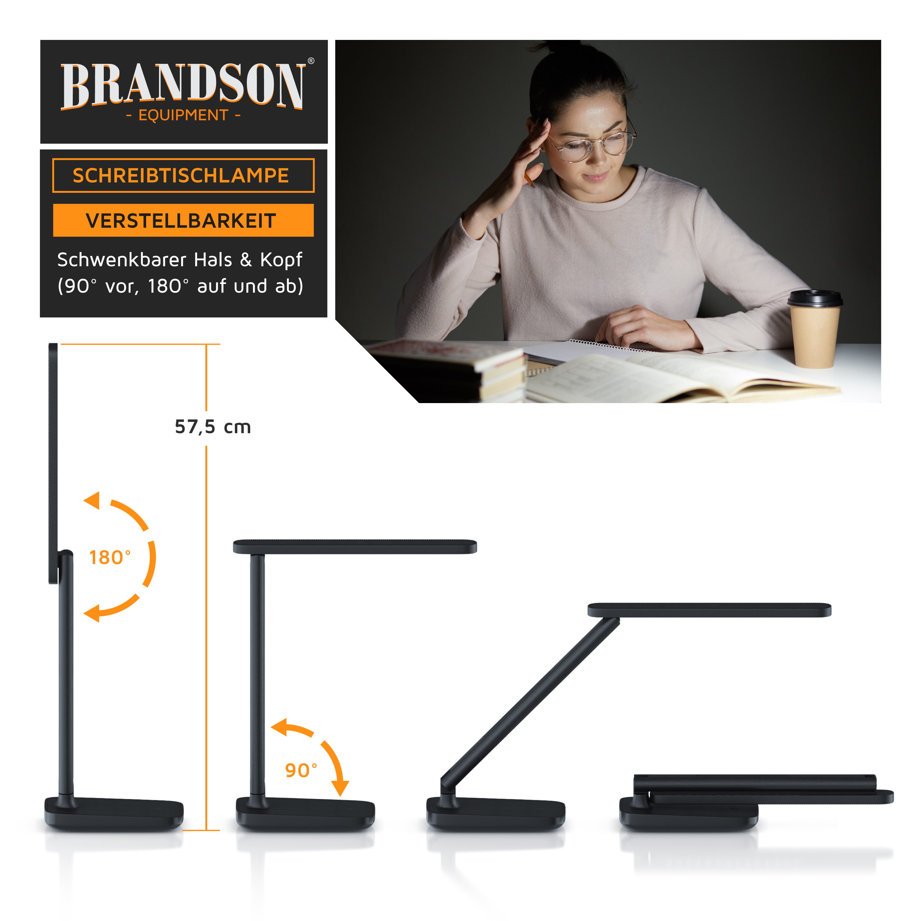 Infografik zeigt Flexibilität, Maße und Nutzung einer schwarzen Schreibtischlampe.