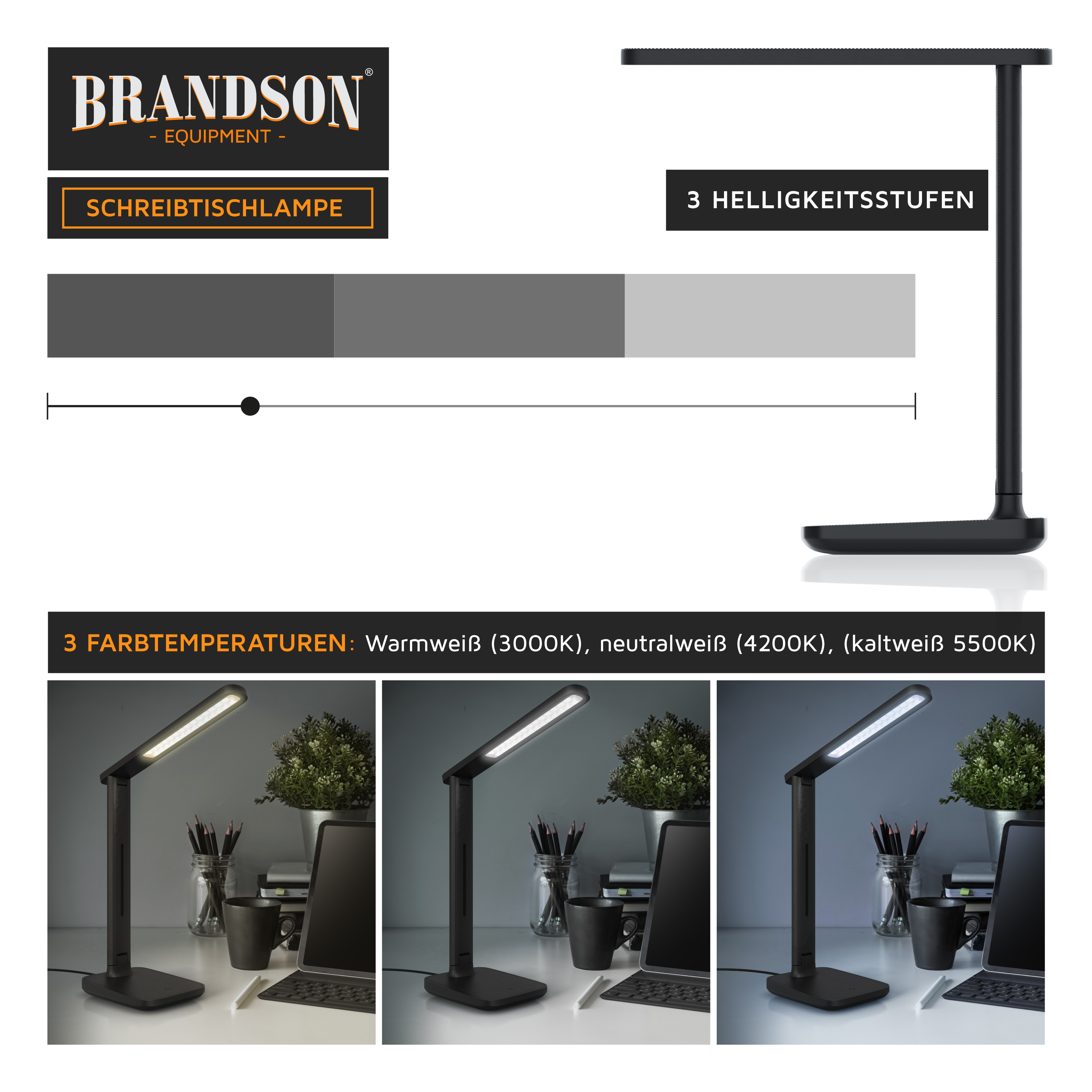 Schwarze Brandson Schreibtischlampe mit 3 Helligkeitsstufen und 3 Farbtemperaturen für den Arbeitsplatz.