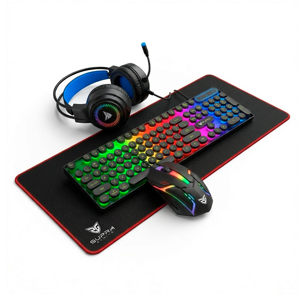 Un equipo de juego RGB con ratón, teclado, auriculares y alfombrilla en fondo blanco.