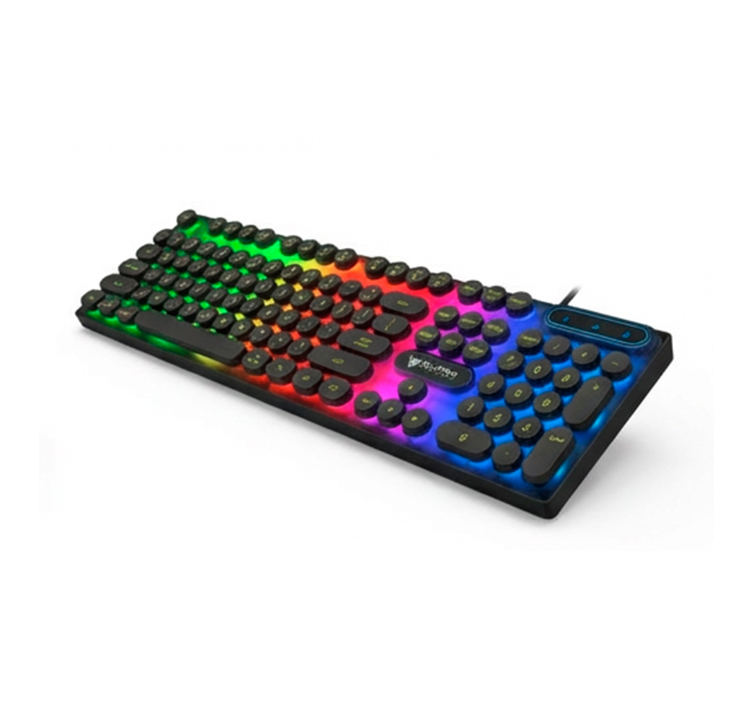Un teclado mecánico negro con teclas redondas y vibrante iluminación RGB sobre un fondo blanco.