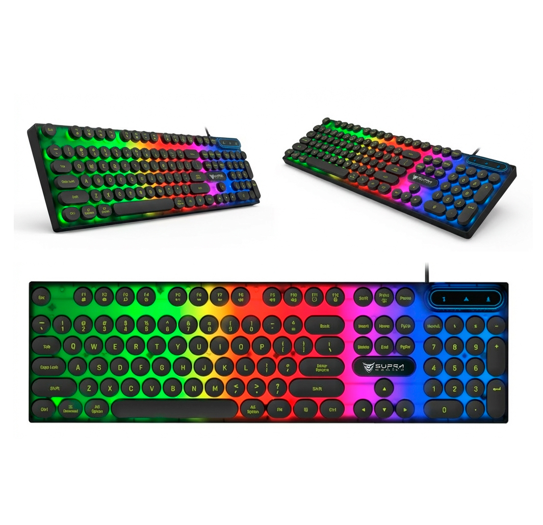 Un teclado de computadora negro con teclas redondas y retroiluminación colorida, mostrado en tres vistas.