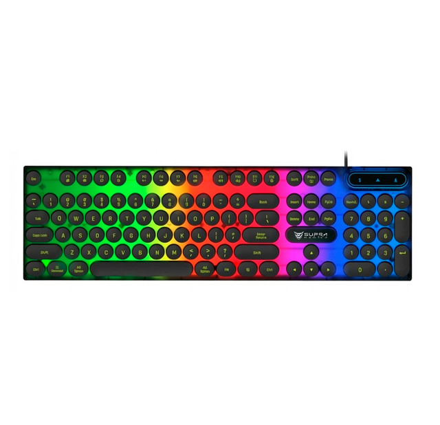 Un teclado de computadora negro con teclas redondas y una vibrante retroiluminación de arco iris.