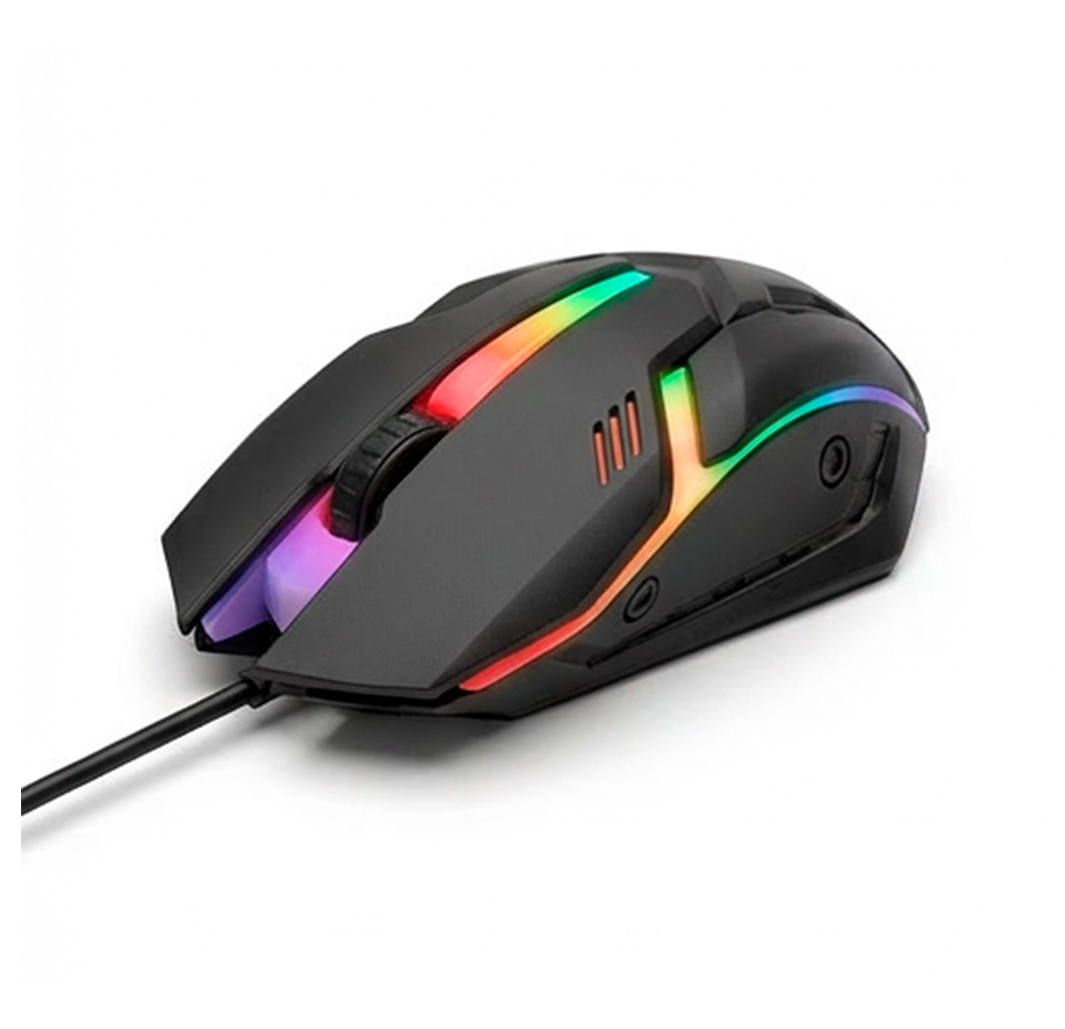 Ratón de juego con cable negro con iluminación RGB multicolor sobre un fondo blanco.