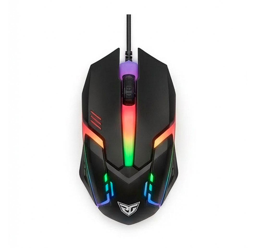 Un ratón de juego con cable negro con vibrantes detalles de iluminación RGB sobre un fondo blanco.