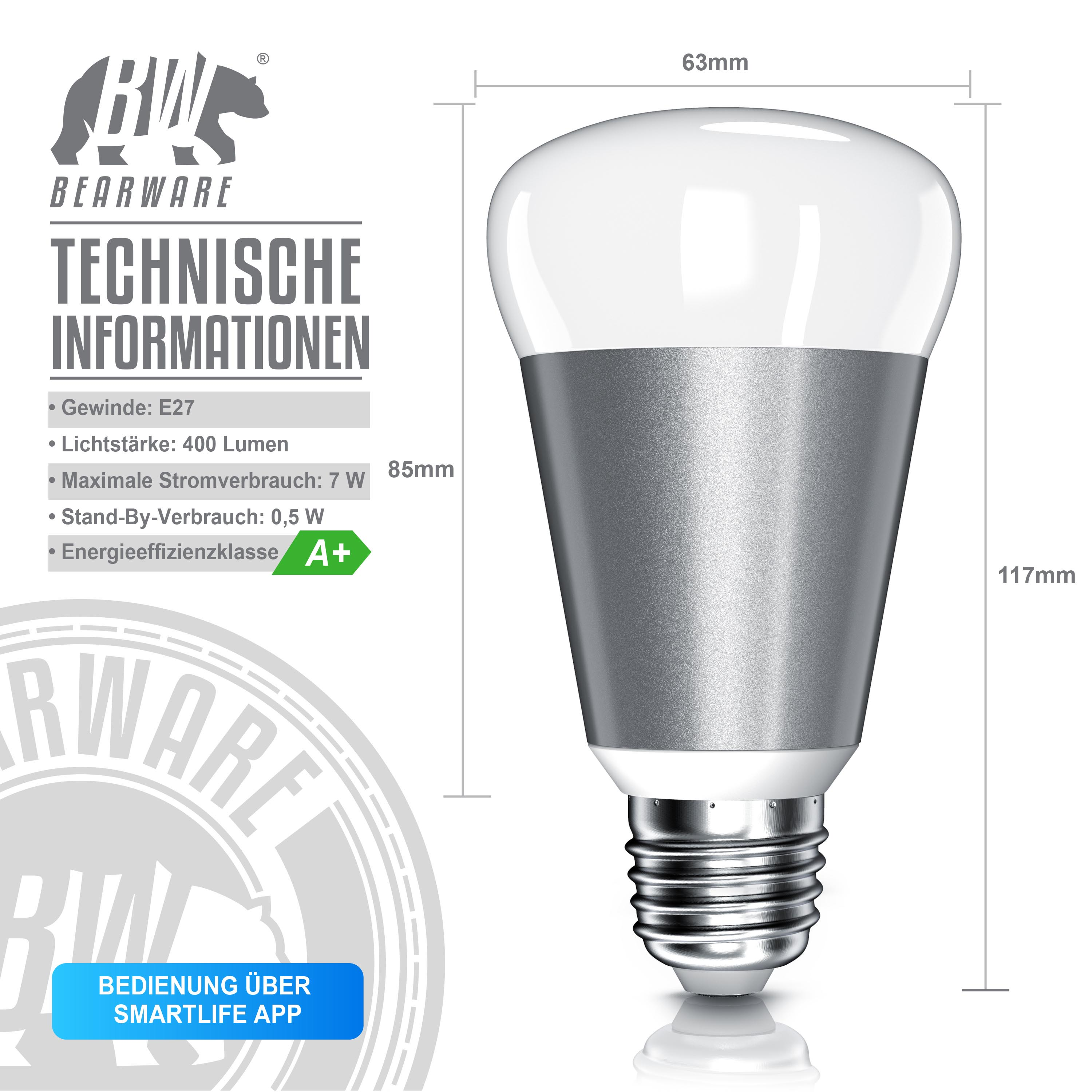 Technische Daten einer E27 LED-Lampe mit Maßen, 400 Lumen und 7W Verbrauch vor grauem Hintergrund.
