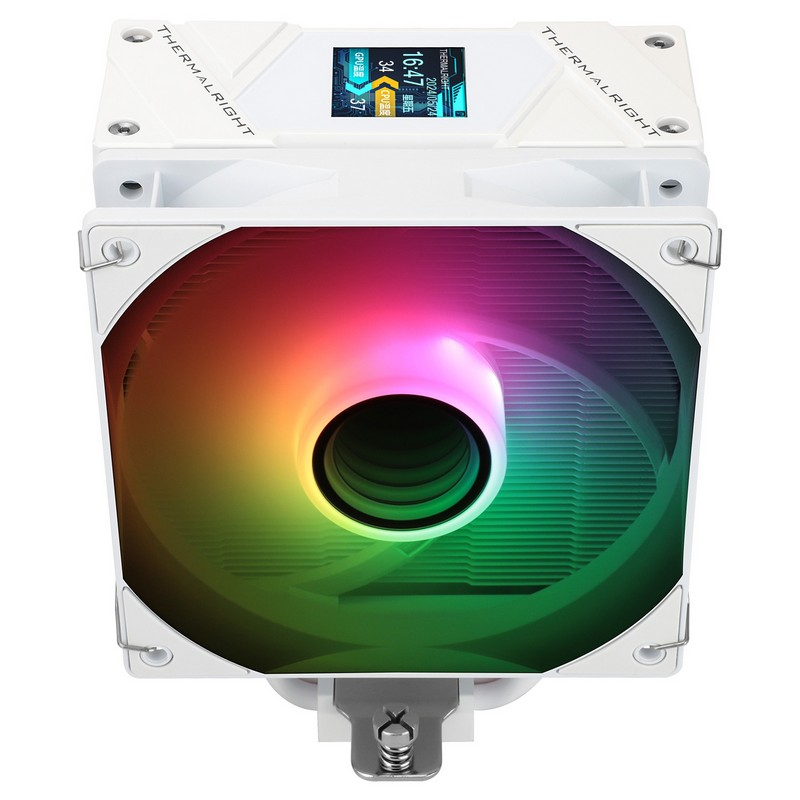 Vista dall'alto di un dissipatore CPU Thermalright bianco con ventola RGB e piccolo display digitale.