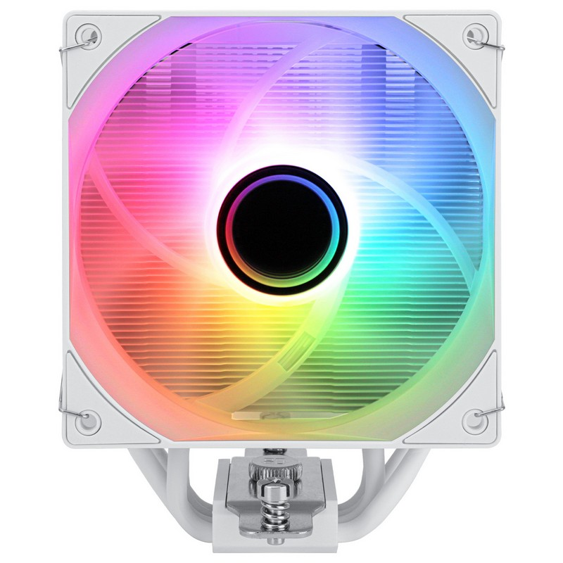 Un dissipatore per CPU bianco con ventola RGB vibrante e staffa di montaggio.