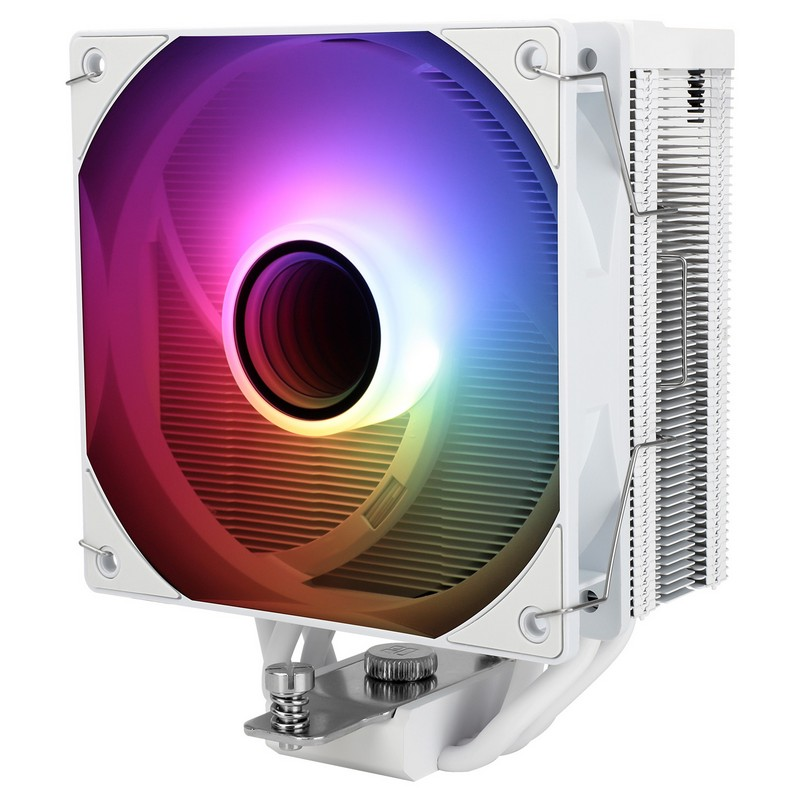 Un dissipatore per CPU bianco con ventola RGB e alette argentate su sfondo bianco.
