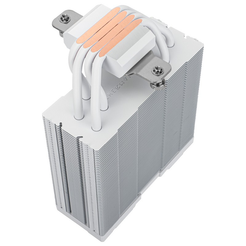 Dissipatore CPU bianco con tubi di calore in rame e alette.