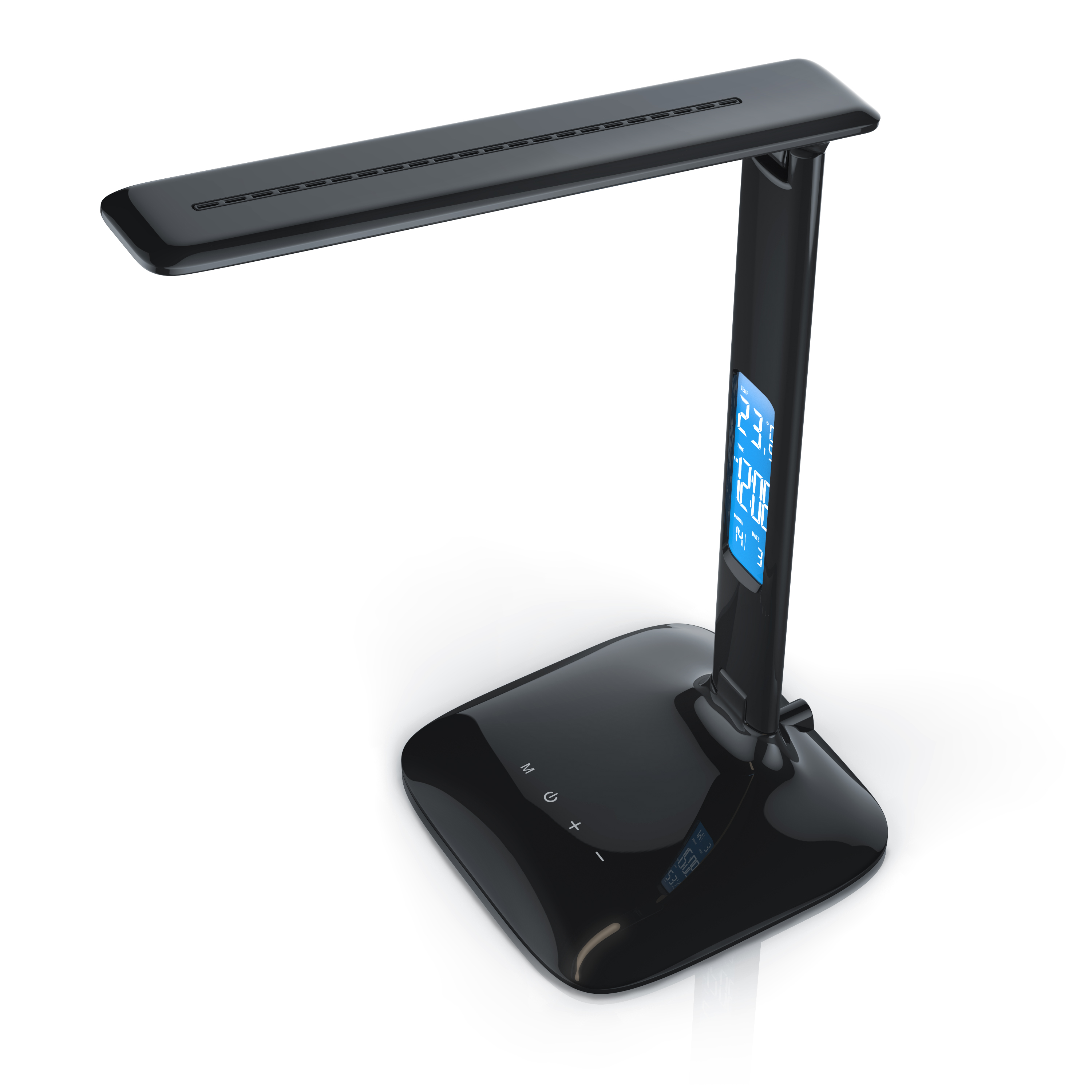 Moderne schwarze LED-Schreibtischlampe mit digitalem Display und Touch-Bedienfeld auf einem weißen Hintergrund.