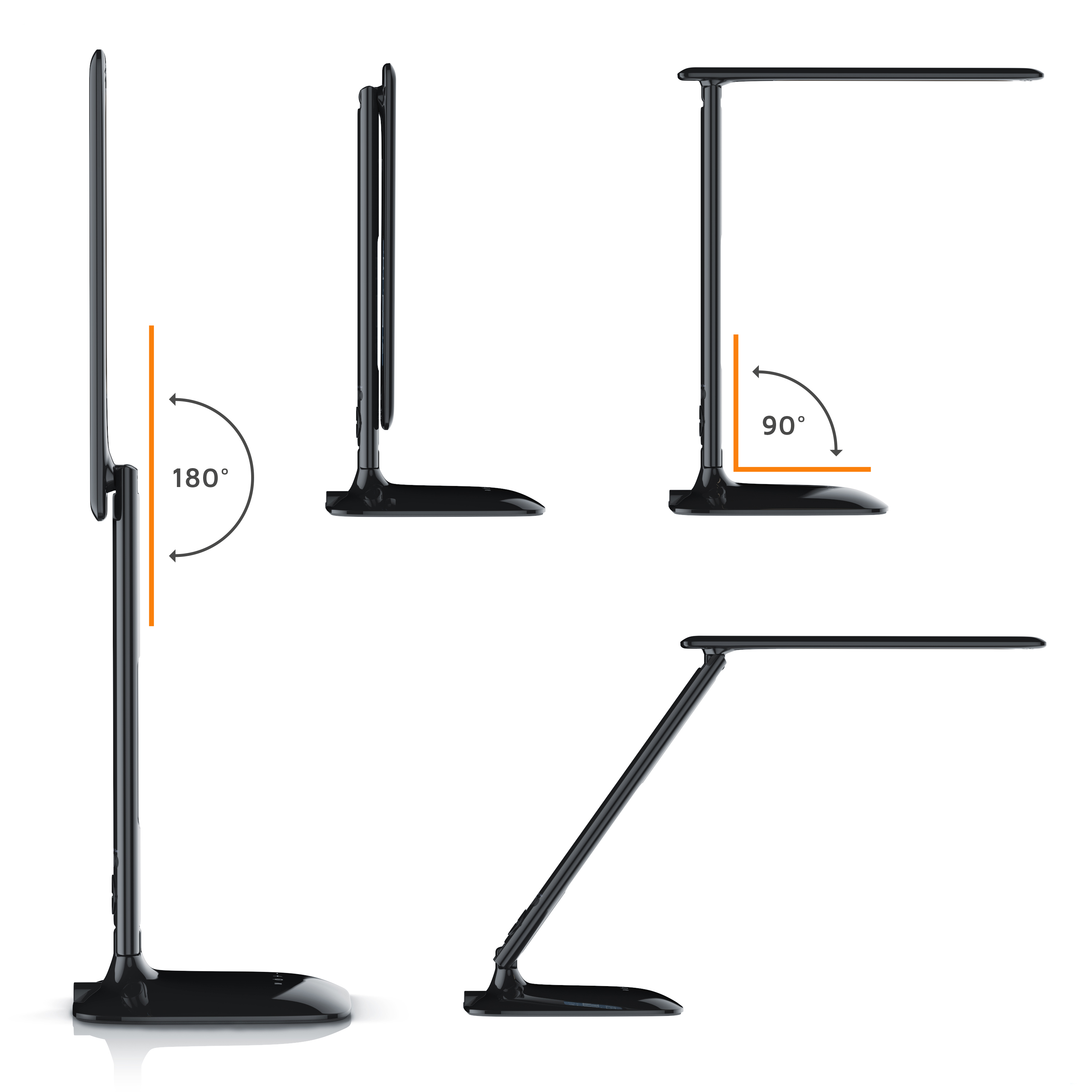 Vier Ansichten einer schwarzen Schreibtischlampe zeigen verschiedene Einstellwinkel, darunter 180 und 90 Grad.