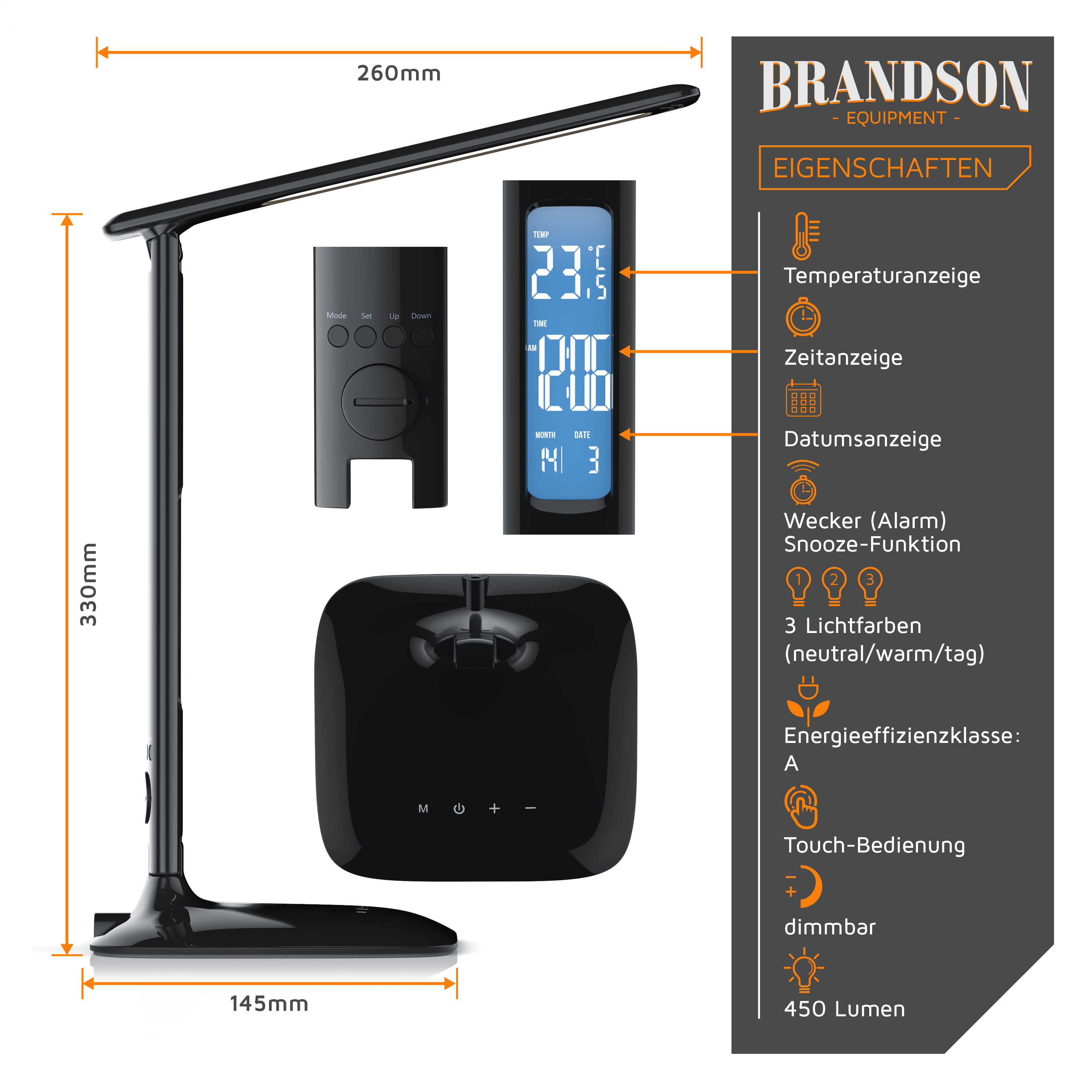 Schwarze LED-Tischlampe mit Display für Temperatur, Uhrzeit, Datum, Touch-Bedienung und Maßen.