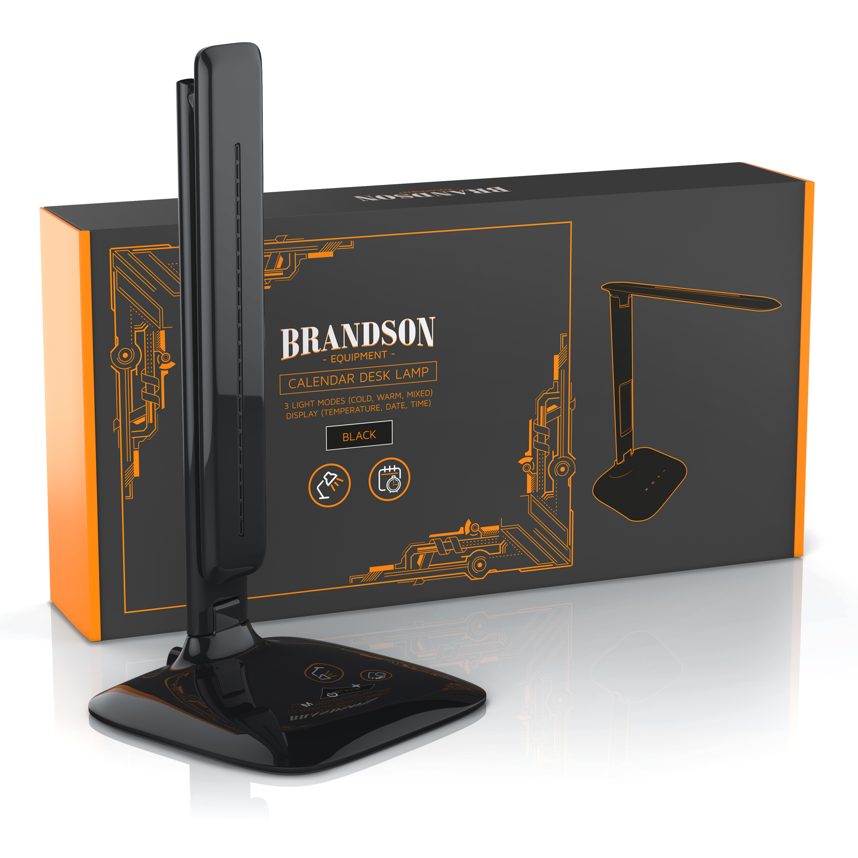 Eine gefaltete schwarze LED-Schreibtischlampe steht vor ihrer orange-schwarzen Verpackung.