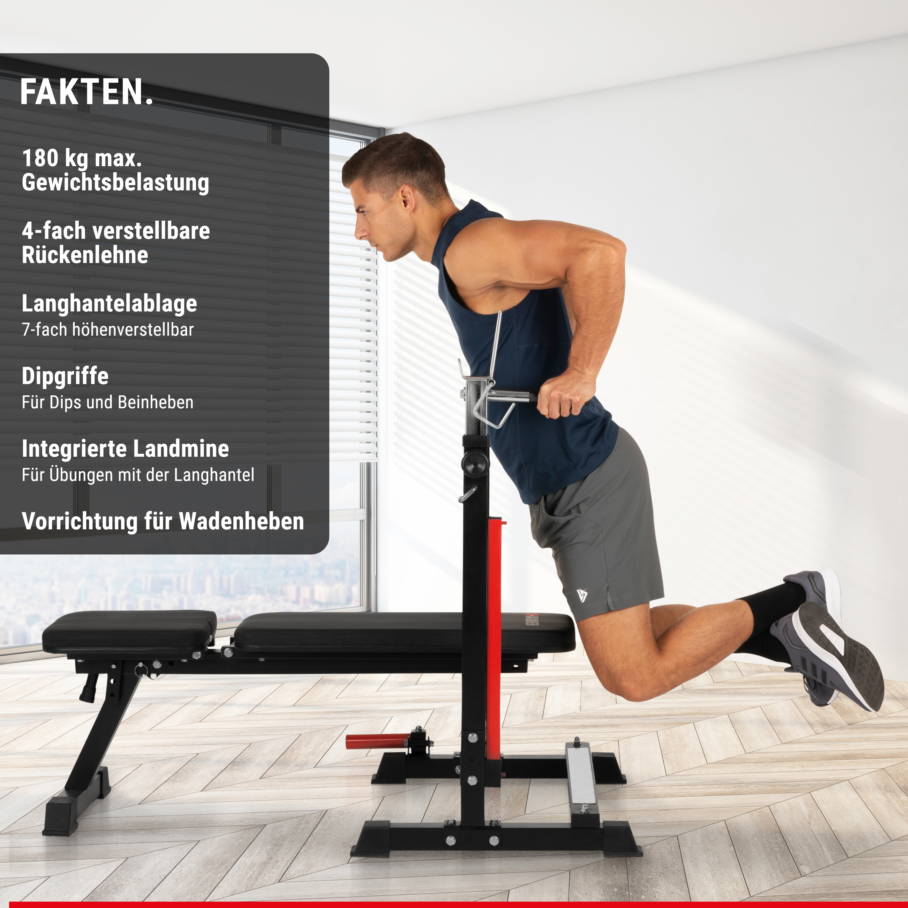 Ein Mann im Fitnessstudio beim Dips-Training an einer Multifunktions-Hantelbank.