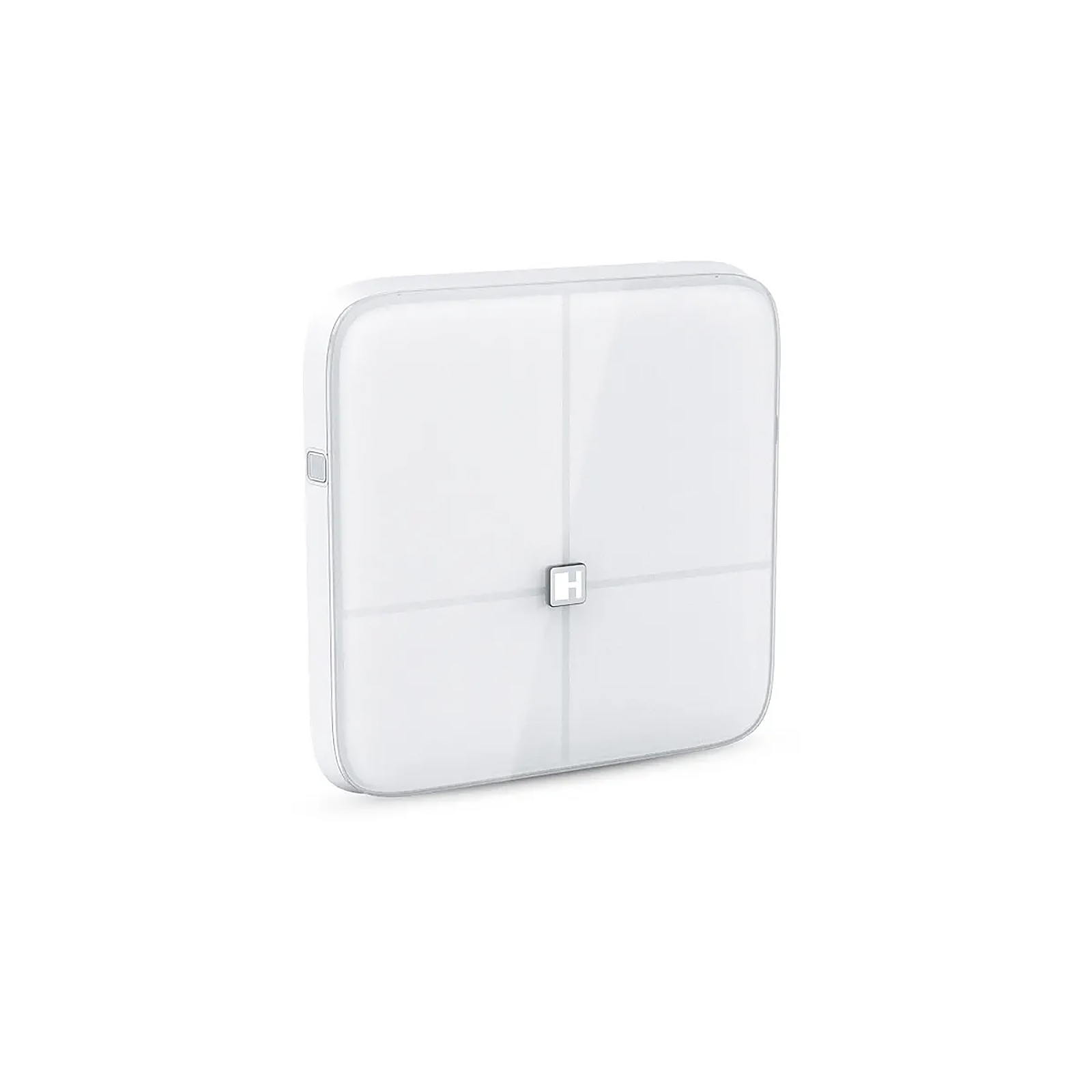 Ein weißes, quadratisches Smart-Home-Bedienfeld mit vier Segmenten und einem zentralen H-Symbol auf weißem Hintergrund.