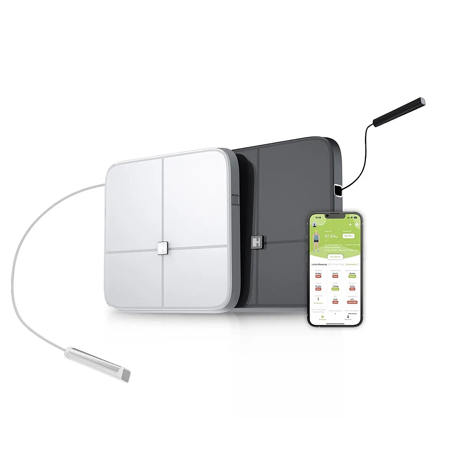 Zwei smarte Körperwaagen in Weiß und Schwarz mit Handteilen und verbundener Smartphone-App.